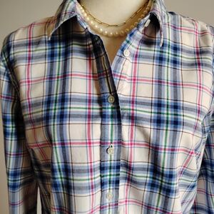Talbots Metallic Stripe Plaid Button Up Shirt Classic Pink White Blue Size Lg